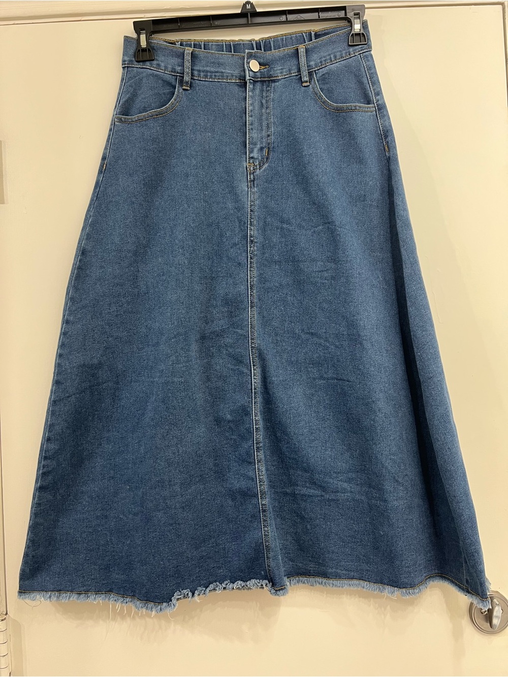 NWT Belle Poque Flex Waist Raw Hem Blue Denim Midi Jean Skirt Size Medium M